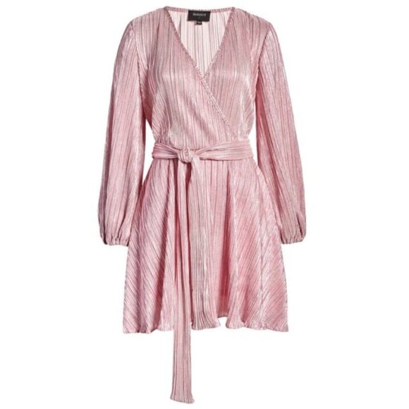 💕BARDOT Bellissa Long Sleeve Faux Wrap Dress Sorbet Pink Metallic Shine XL NWT - Picture 6 of 16